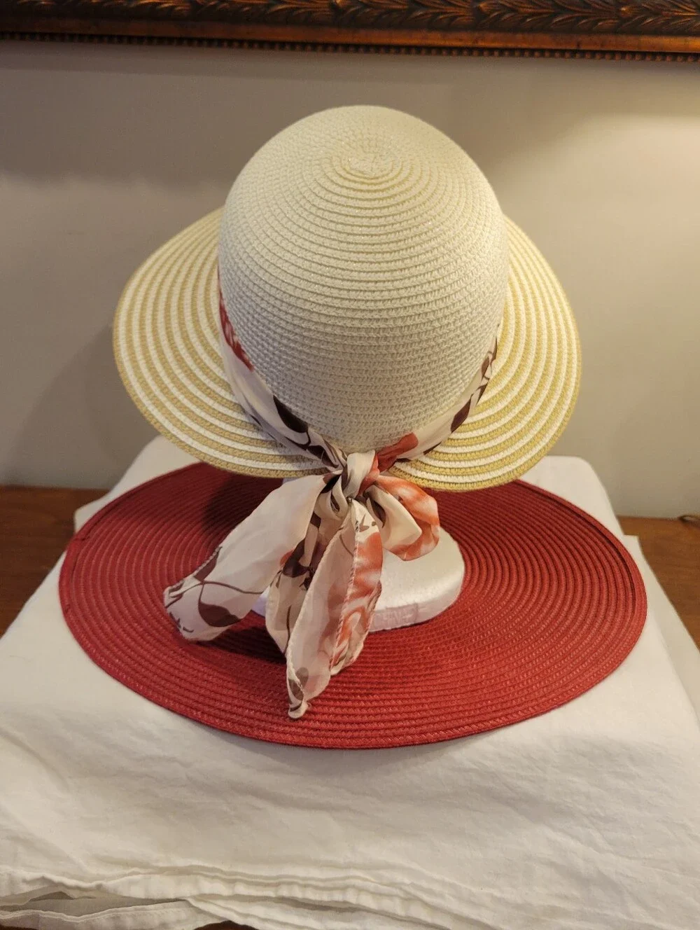 👒EUC~ Straw Sun Hat with Floral Scarf Band